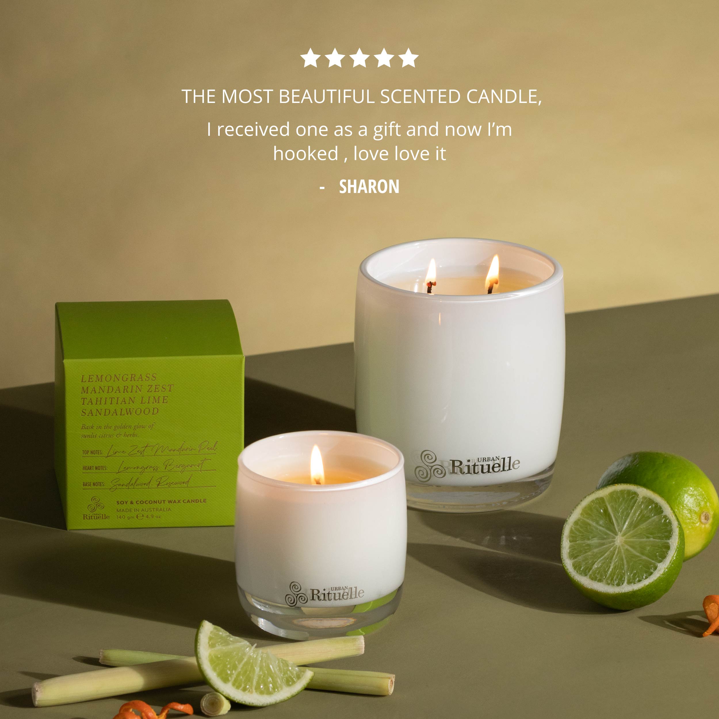Lemongrass, Mandarin Zest, Tahitian Lime, Sandalwood<br> Scented Soy Candle | 140gm