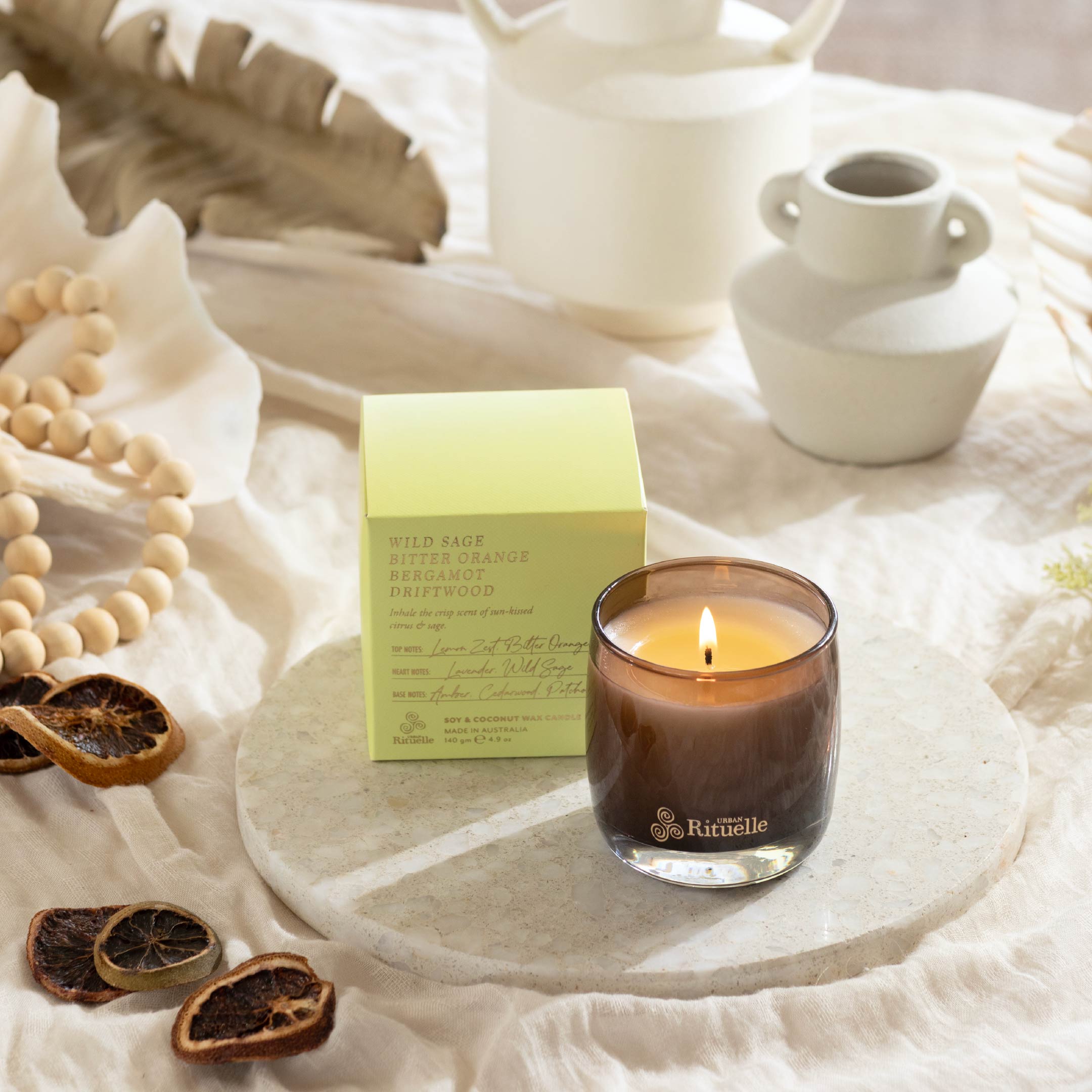 Wild Sage, Bitter Orange, Bergamot, Driftwood<br> TESTER: Scented Soy Candle - 140gm