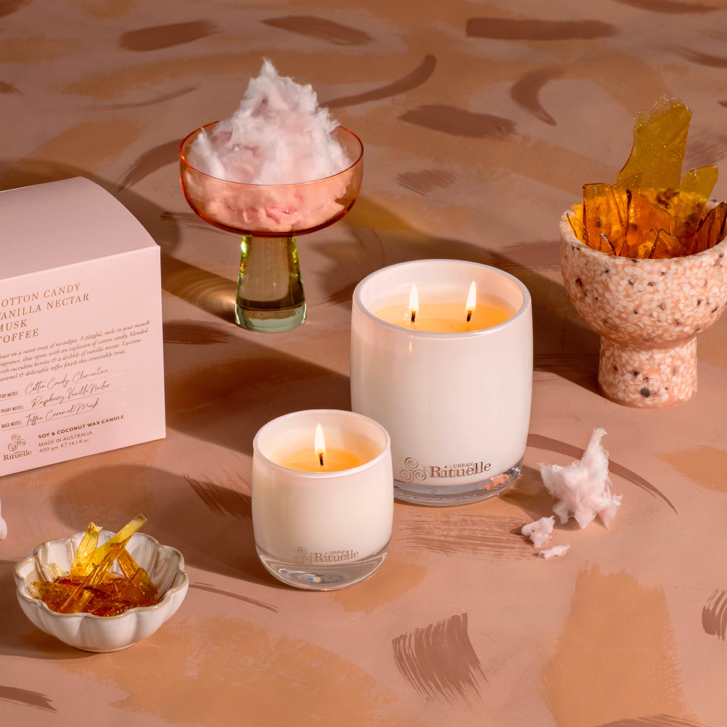 Cotton Candy, Vanilla Nectar, Musk, Toffee<br> Scented Soy Candle | 400gm