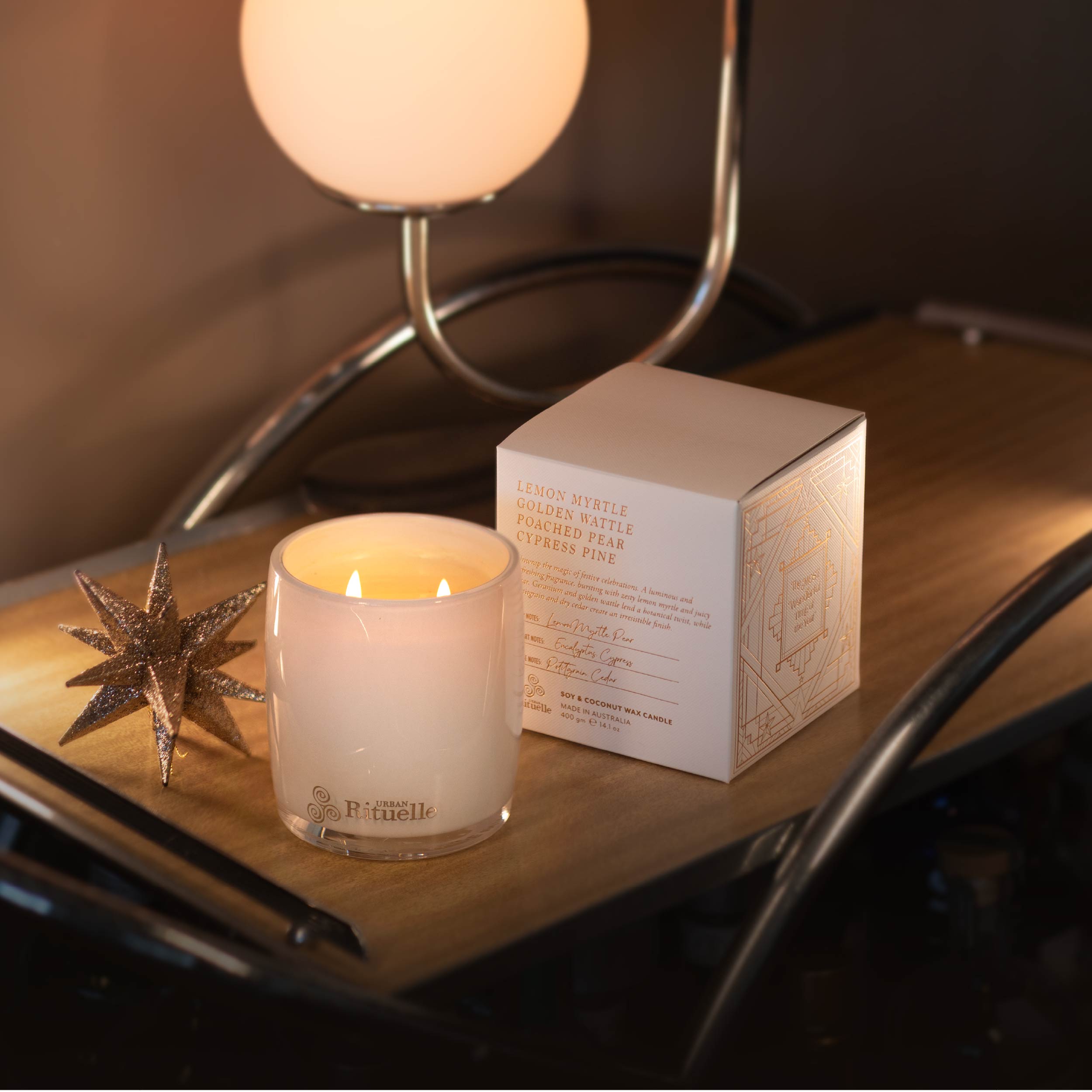 Lemon Myrtle, Golden Wattle, Poached Pear, Cypress Pine <br>TESTER: Scented Soy Candle | 400gm